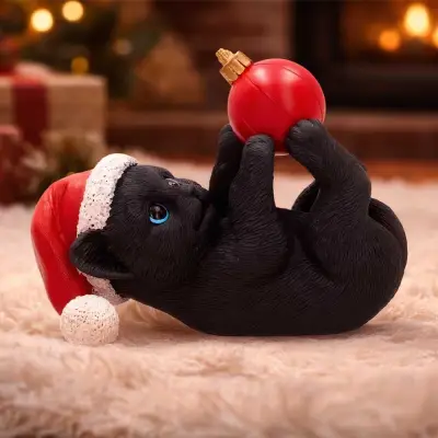 Figurine black cat in santa hat playing with bauble - Black Cat